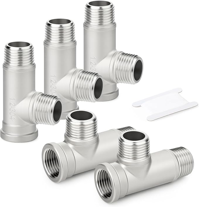 TAISHER 5PCS 304 Stainless Steel Tee Pipe Fittings, 1/2" NPT Female x 1/2" NPT Male x 1/2" NPT Male Extension Pipe Fittings, Female Run Tee
