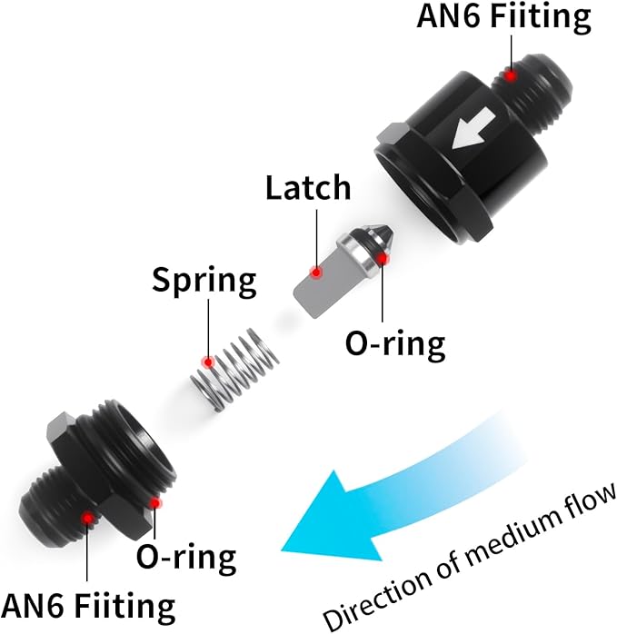 AN6 One Way Non Return Check Valve 6AN to AN6 Male Flare Inline Fitting Aluminum Black 2PCS