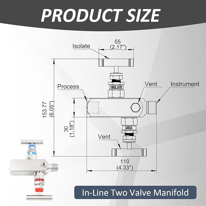 2-Valve Manifold – 316 Stainless Steel 2-Way High-Pressure Gas Distributor, Compatible with Pressure Gauges & Transmitters by Rosemount, Siemens, Honeywell, E+H