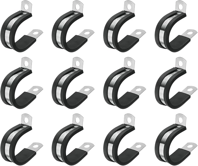 uxcell 1"(25mm) Cable Clamp, 304 Stainless Steel Rubber Cushioned Insulated R Shape Metal Clamp Tube Holder for Pipe Hose Wire Cord Installation 12Pcs