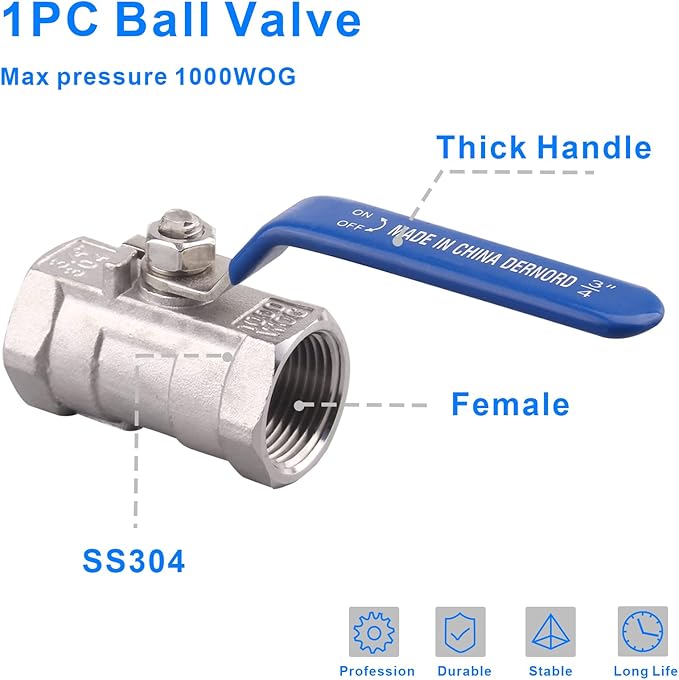 DERNORD Stainless Steel 3/4 Inch Ball Valve 1PC Type NPT Standard Port for Water, Oil, and Gas (Pack of 2)