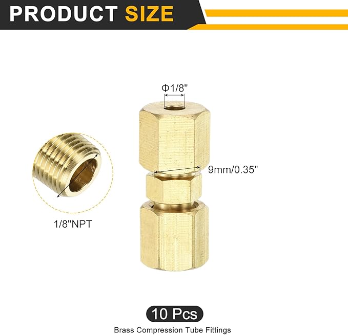 uxcell 3Pcs Brass Compression Tube Fitting, 1/8" Tube OD x 1/8" Tube OD Connector Straight Coupling Adapter Union Fittings