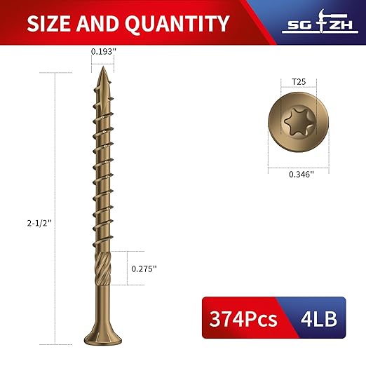 #9 x 2-1/2" Deck Screws (374Pcs) 4lb. Carbon Steel, Yellow, Flat Head, Rust Resistant epoxy Coated, with T25 Star Bit