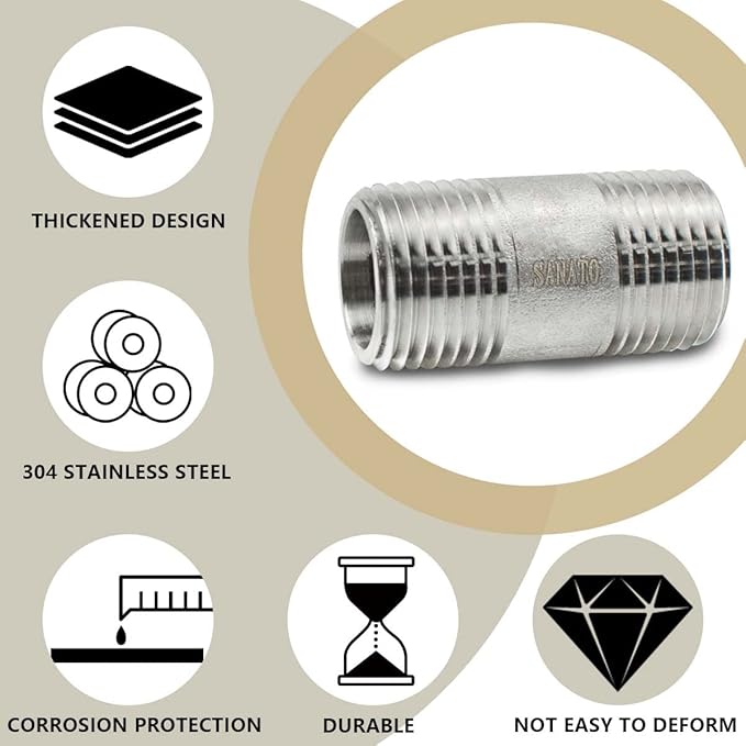SANATO 3 Pcs SS 304 Forging Nipple Cast Piple, 1/2" NPT x 1/2" NPT Male Threaded, 50mm Piple Fittings