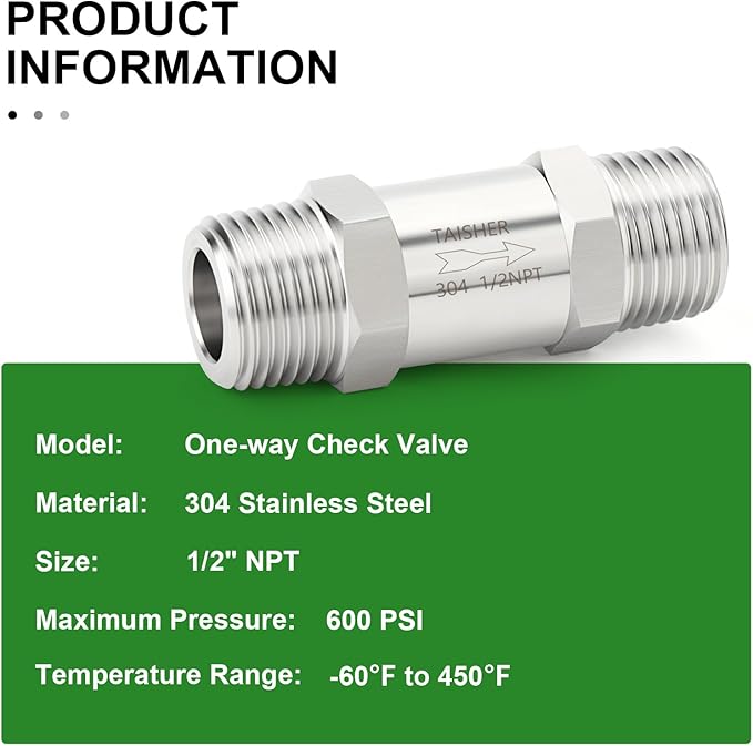 TAISHER 1PCS 304 Stainless Steel 1/2" NPT Male Check Valve,Backflow Prevention,One Way Non-Return Check Valves