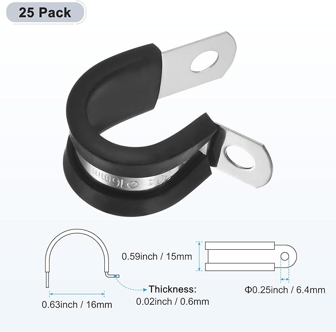 25-Pack Cable Clamps, 5/8 inch/ 16 mm 304 Stainless Steel Rubber Cushioned Insulated Cable Clamp R Shape Metal Holder for Tube/Wire/Pipe/Loop Installation