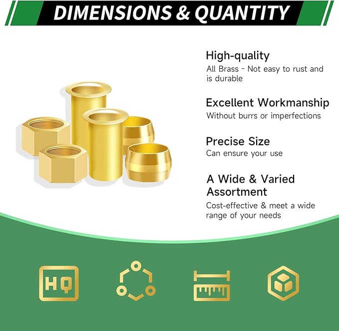 68pcs 5/16" Brass Compression Sleeves Ferrules Inserts Nuts Fittings Assortment Kit, Air Hose Ferrules Kit of Air Water Fuel Oil Gas Tube Lines