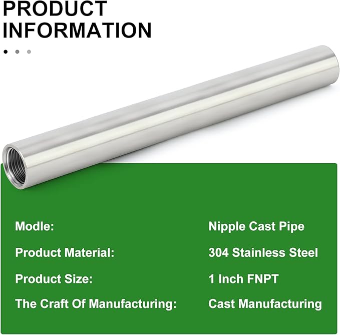 TAISHER 2PCS Stainless Steel Pipe Fittings, 1" NPT x 1" NPT Female Threaded, 10" Length Nipple Cast Pipe