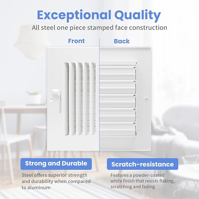 6 x 6 Inch [Duct Opening] Air Vent Covers for Wall or Ceiling - High Airflow 2 Way Steel Ventilation - Adjustable Wall/Ceiling Register, 7-3/4 Inch x 7-3/4 Inch [Overall Dimensions]