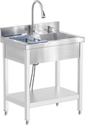 Stainless Steel Utility Sink, 28"Freestanding Sink with Retractable Cold and Hot Water Faucet,Hoses and Drain Kit for Kitchens, Bathrooms, Garage, Laundry Room,Pet Cleaning