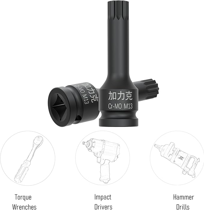 1/2-Inch Drive x M13(13mm） Impact XZN Triple Square Spline Bit Socket, Metric Lengthen Screwdriver Socket Adapter, 3-Inch Length, CR-MO Steel, One-Piece Construction, Black
