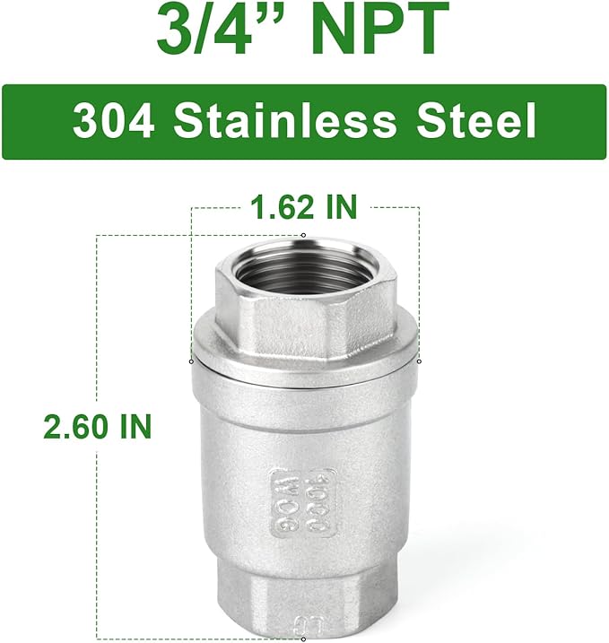 TAISHER 2PCS 304 Stainless Steel 3/4" NPT Female Vertical Check Valve，Backflow Prevention, One Way Spring Check Valves CF8 WOG 1000