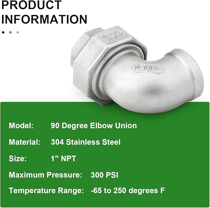TAISHER 1PCS 304 Stainless Steel 90 Degree Elbow Union，1" NPT Female x 1" NPT Female Cast Pipe Fitting