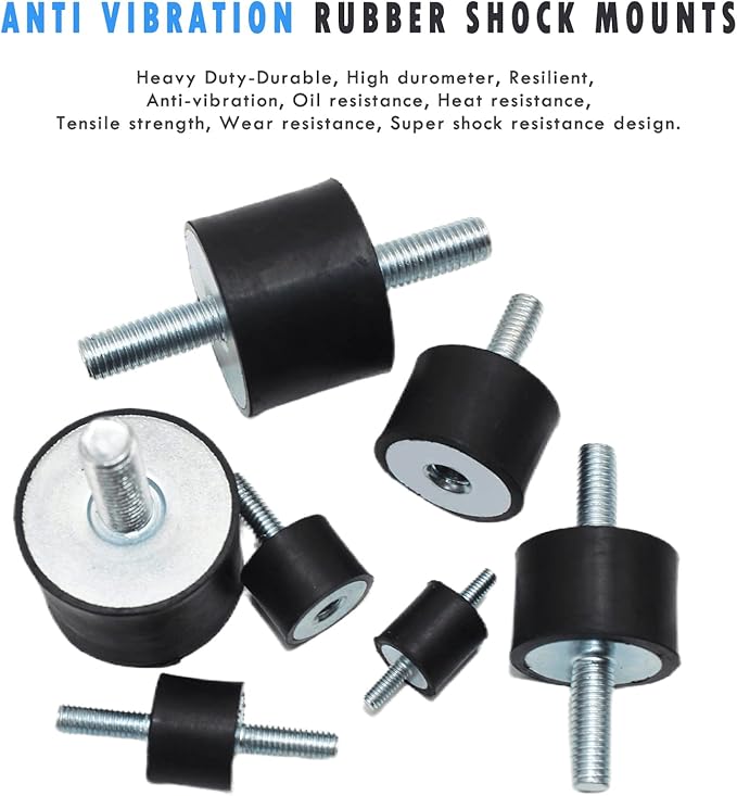 M10 Rubber Studs Shock Absorber Anti-Vibration Isolator Mounts, Rubber Cylindrical Vibration Isolation Mount for Air Compressors Garage Motor Diesel Engines with Non-Slip Nuts, 4 Pack Double Stud