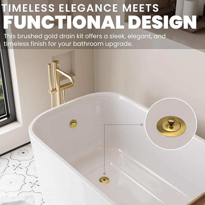 Brushed Gold Bathtub Drain - Lift and Turn - Gold/Brass Tub Drain, Overflow Drain Cover, and Tub Drain Replacement Kit - Solid Brass - Professional Grade - Fits 1-3/8" and 1-1/2"
