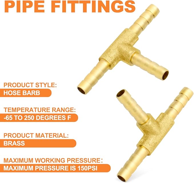 GASHER 5 Pieces Brass Hose Barb Tee, 3-Way Tee Hose Fitting (5/32" x 5/32" x 5/32" Hose Barb) with 15 Hose Clamps