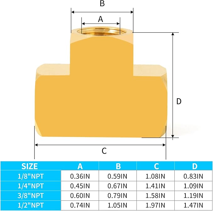 ChillWaves Brass Pipe Fitting, Barstock Tee 1/2" x 1/2" x 1/2" NPT Female Thread Adapter(1-PACK)