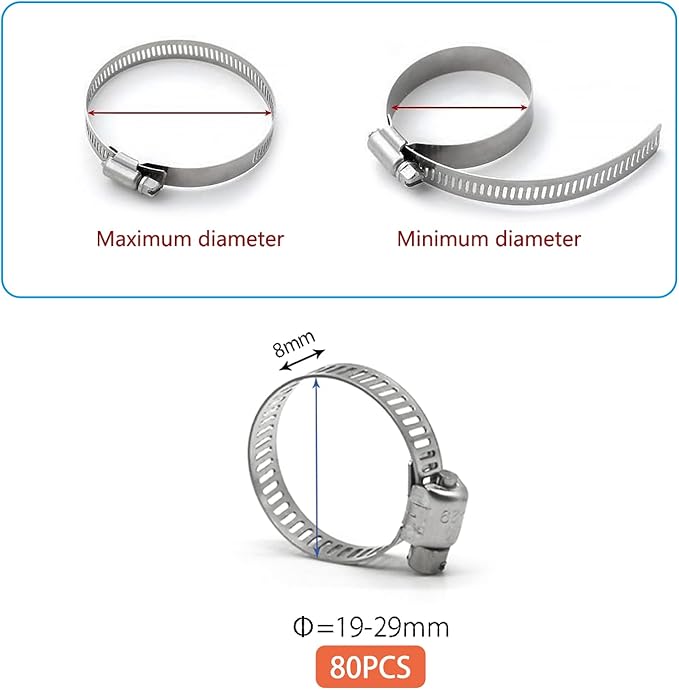 Hose Clamp 1 Inch, 80 Pack Stainless Steel Hose Clamps Worm Gear fuel line pipe clamps, 19-29mm (1 Inch)