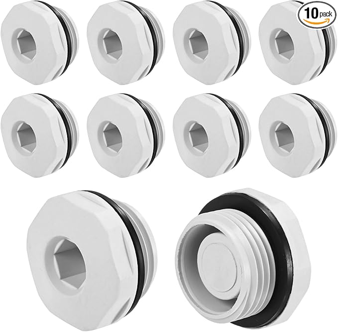 10-Pack Inner Hex Head Pipe Plug End Cap, M20x1.5mm Nylon Garden Hose Stopper Connector Plug with Sealing Ring for Terminating Pipe Ends [White]