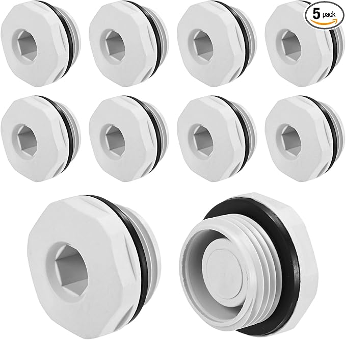 5-Pack Inner Hex Head Pipe Plug End Cap, M20x1.5mm Nylon Garden Hose Stopper Connector Plug with Sealing Ring for Terminating Pipe Ends [White]