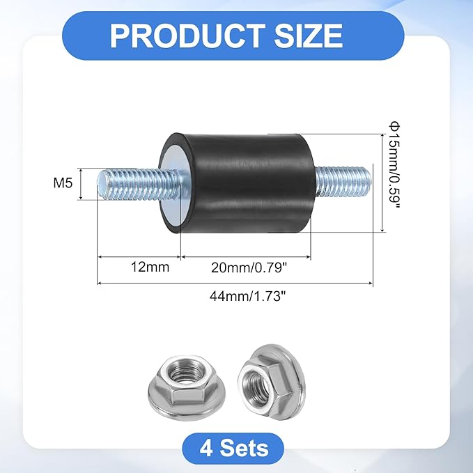 uxcell 4Pcs M5 x 12mm Rubber Mounts, 20 x 15mm Cylindrical Anti Vibration Isolator Studs Shock Absorber Double Studs with Nuts for Car Bobbin Generator Air Compressors