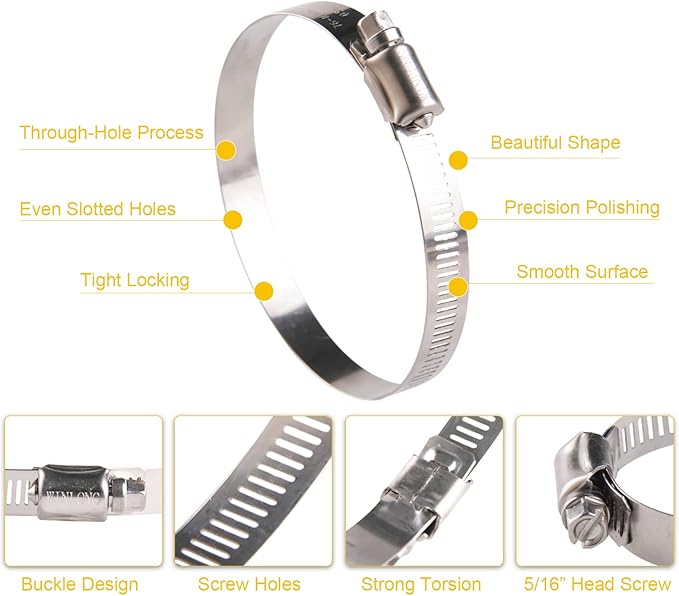 Winlong 3.5'' Stainless Steel Hose Clamps, 8PK SAE 56 Worm Gear Drive Hose Clamps Clamping Range 3 to 4 Inch (76-102mm) for Automotive Plumbing, 3 1/2'', 3 3/4'', 3 1/4'' Clamps