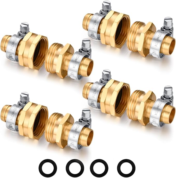 Garden Hose Repair Connector with Clamps Hose End Repair Kit,5/8" Barb Garden Hose Fittings Male and Female brass garden hose ends (5/8"Barb-4 Set)