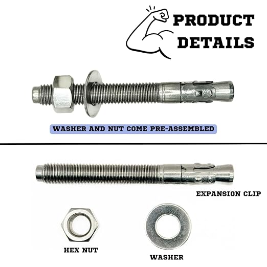 Wedge Anchors – Heavy-Duty 304 Stainless Steel Expansion Bolts for Concrete & Masonry, Rust-Resistant & Durable - 5/8" X 5-1/2" - 25 Pack