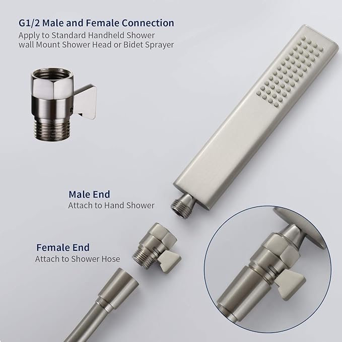 Tenfe Water Flow Control Valve, Brushed Nickel Shut Off Valve for Hand shower Adjustable Water Pressure Turn off Valve, Brass G1/2 Standard Connection