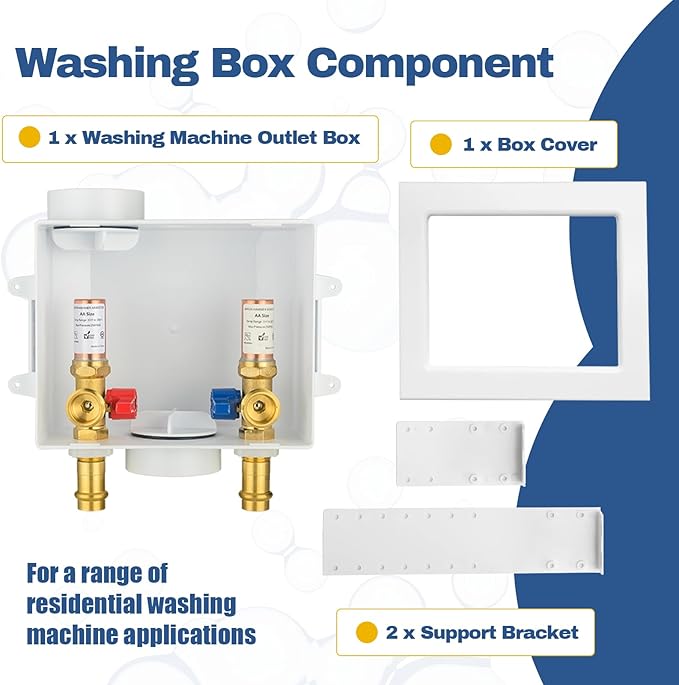 1-PACK GUOFIS Washing Machine Outlet Box with Copper Water Hammer Arrestor, PEX Laundry Washer Box with Central and Side Drain Design(1/2"Copper Press Connection Inlet X 3/4"MHT Outlet)(WM057)