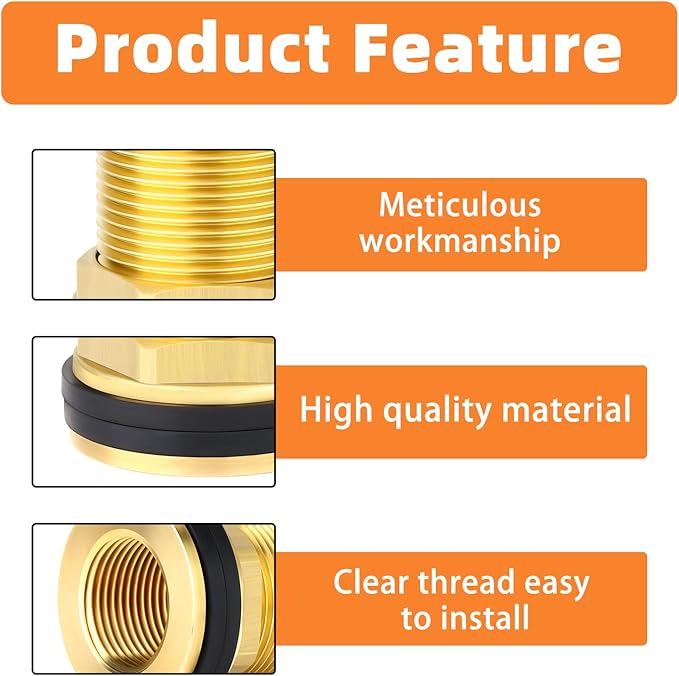 GASHER 4PCS Brass 3/4" Female 1" Male Bulkhead Tank Connector Adapter Fitting with Rubber Ring