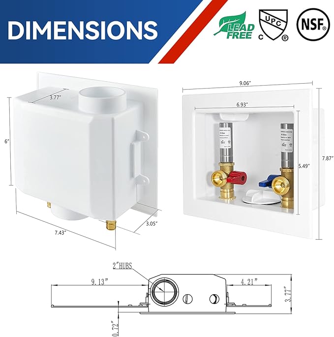Washing Machine Outlet Box with Water Hammer Arrestor,1/2 Inch PEX F1807 Inlet Connection,3/4 Inch MHT Outlet Male Thread Connection, PEX Box with Center/Side Drain, Washing Box with 1/4-Turn