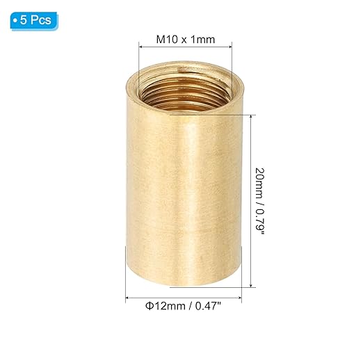 PATIKIL Lamp Pipe Brass Coupling Nut, 5 Pcs 20mm Long M10 Fine Round Thread Sleeve Lamp Pipe Adaptor Rod Connector Hardware for Light Fixture Assembly or Repair, 12mm OD.