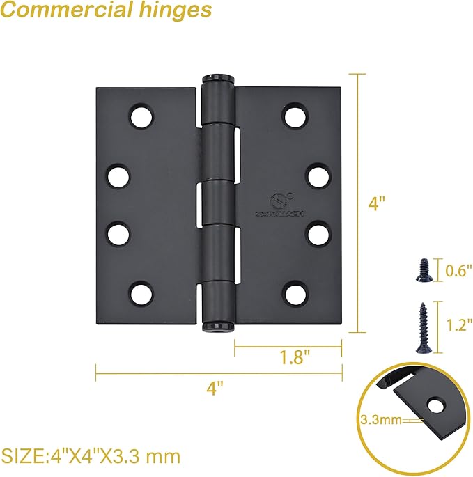 Matte Black Heavy Duty Door Hinge 4 X 4 Inch Commercial Hinges Square Corners Interior and Exterior Hardware for Doors Hinge 3 Pack