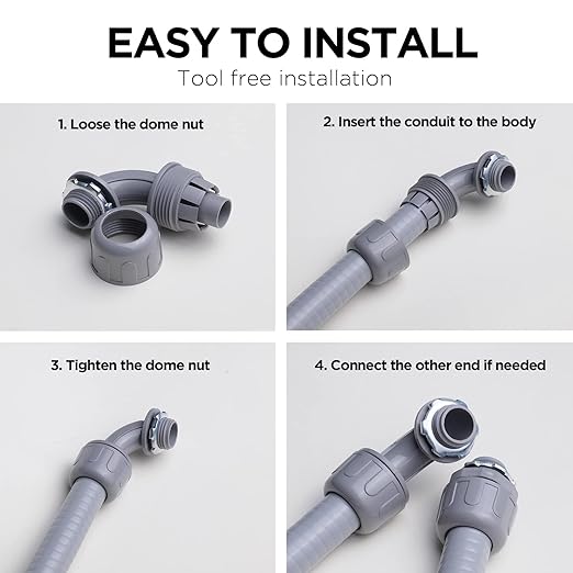 1/2-Inch Liquid Tight Conduit Connectors, NPT Non-Metallic Connector for PVC Electrical Flexible Conduit Fittings, 90-Degree, for Home Outdoor Tubes Tools, UL Listed, Grey, 30-Pack