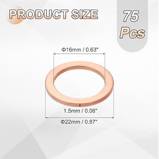 uxcell 75Pcs M16 Flat Washer Copper Washer Sealing Rings, 16mm ID 22mm OD 1.5mm Thickness Copper Crush Washers Metric Sealing Gasket for Plumbing Machinery Automotive