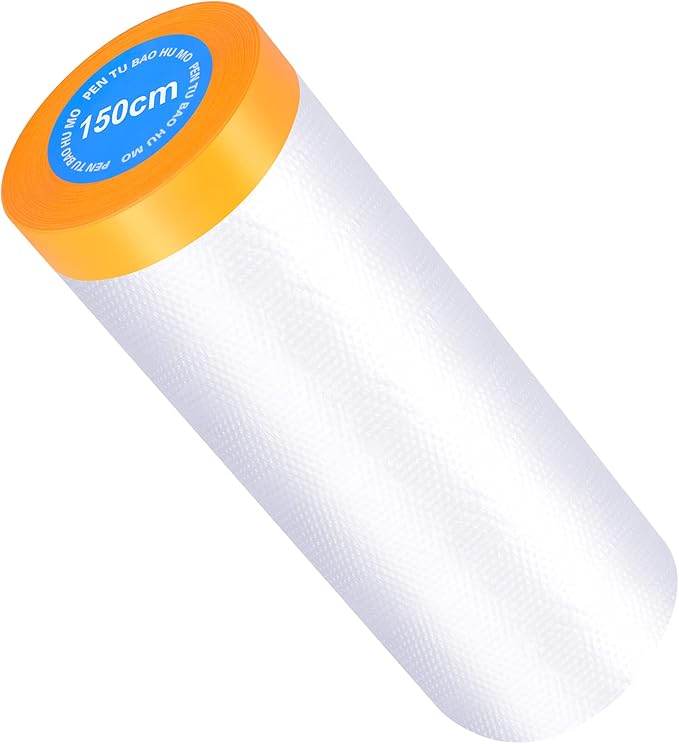 Muf 5 x 65 Feet Plastic Drop Cloth Plastic Sheeting with Masking Tape,Waterproof Protective Masking Film,Prevent Dust Paint for Car,Furniture,Carpet,Floor,1 Pack