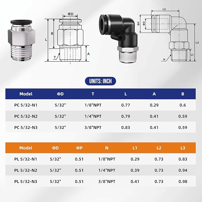 5/32" Tube OD to 1/4" NPT Thread Push to Connect Fittings,Pneumatic Quick Air Hose Fittings,Male Straight + Elbow,PC+PL(12pcs)