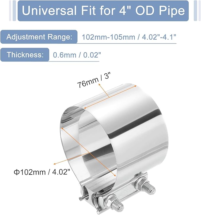 uxcell 4 Inch Exhaust Clamp, 304 Stainless Steel Butt Joint Band Clamp Sleeve Coupler Pipe Repair Clamp Universal Widening Clamp for Exhaust Pipes Mufflers, Silver