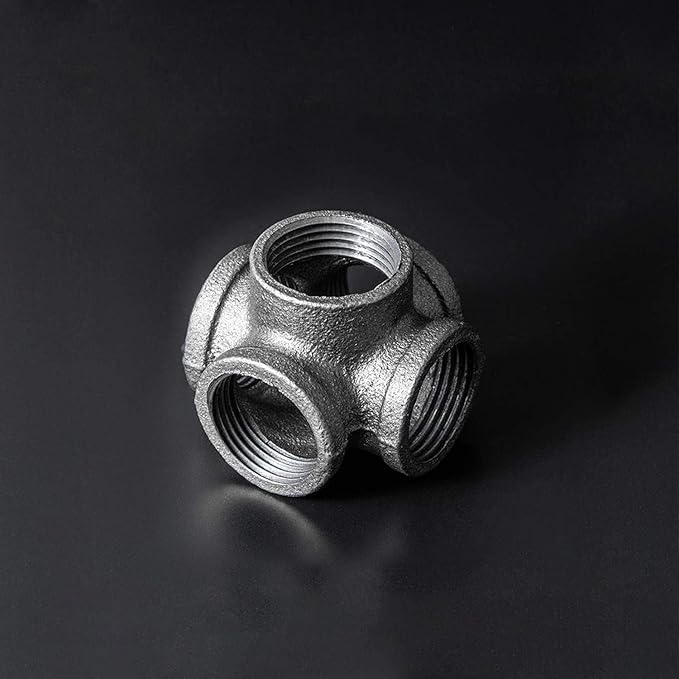 1" 5-Way Side Outlet Tee, Home TZH 4-Pack 5-Way Corner Gray Malleable Cast Iron Pipe Fitting for Industrial Pipe, Furniture and DIY Decoration (4, 1")