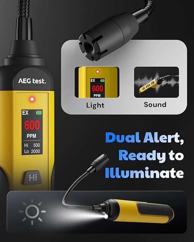 AGT-1988PRO Rechargeable Natural Gas Detector, Gas Leak Detector with 6.9-Inch Neck, TFT Color Display, 0–9999PPM Range for Combustible Leaks Like Propane, Methane for Home & RV - Yellow