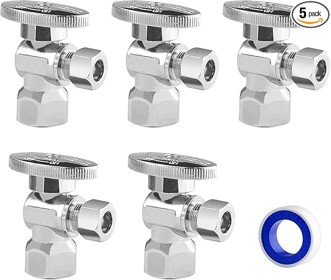 WiseWater Angle Stop Valve 1/2" FNPT x 3/8" Compression, Quarter Turn Chrome Plated Brass Toilet Shut Off Valve for Bathroom & Sink Supply Lines (5-Pack)