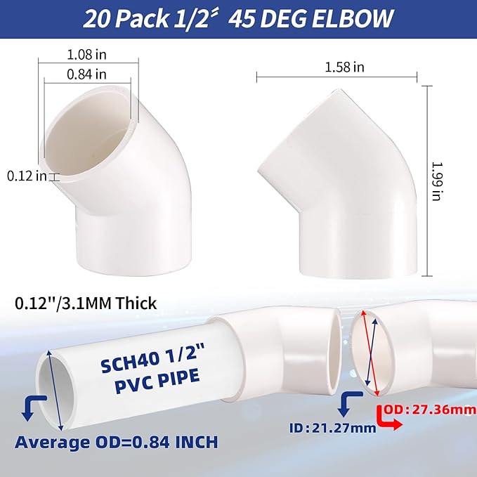 1/2" 20 Pcs 45° Elbow Pipe Fittings (Socket x Socket), Heavy Duty 2 Way Right Angle Pipe Fitting for DIY Creations, Schedule 40 PVC Coupling Adapter.