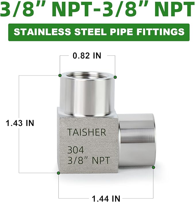 TAISHER 2PCS 304 Stainless Steel Square 90 Degree Barstock Street Elbow, 3/8 Inch NPT Female Pipe to 3/8 Inch NPT Female 304 Stainless Pipe Fitting
