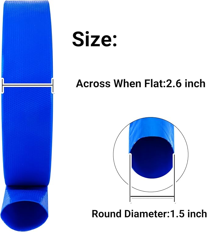 1-1/2" (Flat 2.6’’ width) x 100 FT Pool Backwash Hose Kit with Male NPT Adapter, Blue Reinforced Pool Drain Discharge Hose for Swimming Pool Filter Pump,with 2 Clamp and Thread Seal Tape