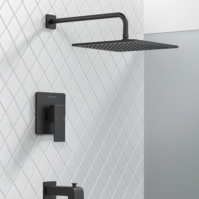 Lava Odoro 12-inch Square Bathtub and Shower Faucet Set Matte Black, Shower Trim Kit with Rough-in Valve High Pressure Black Rainfall Shower Head and Handle Set, (Valve Included), SF106-MB-T