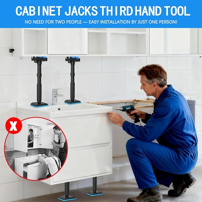 Cabinet Jacks with Horizontal Adjustment, Cabinet Lift Jack 2pk Adjustable Support Pole (7.5-17.3 in, 220 Lb), Third Hand Tool for Bathroom/Mirror Cabinet Installation Practical Furniture Lifter