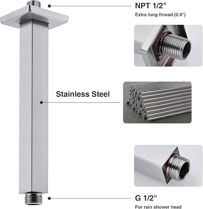 Square Shower Arm with Flange 8 Inch Straight Ceiling Mounted Extension for Rainfall Shower Head Stainless Steel, Brushed Nickel