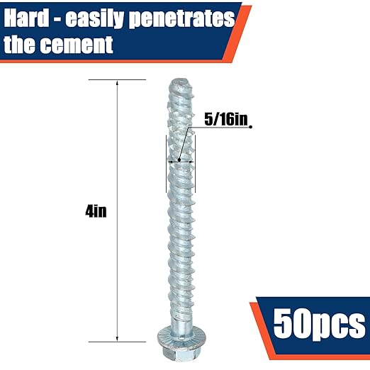 Tandefio 50 Pack 5/16" x 4" Concrete Screw Anchor Galvanized Large Diameter Heavy Duty Plated Concrete Anchors for Masonry Brick Anchoring Block Decking Framing Hex Drive
