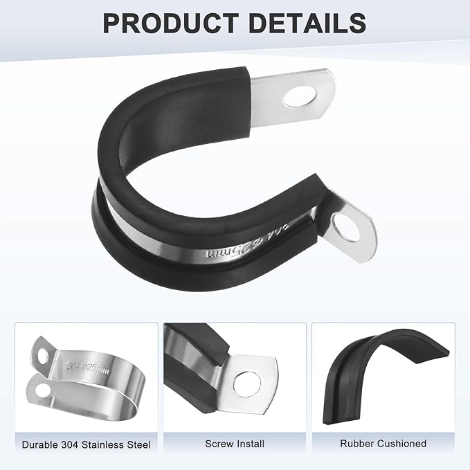 25-Pack Cable Clamps, 1 inch/ 25 mm 304 Stainless Steel Rubber Cushioned Insulated Cable Clamp R Shape Metal Holder for Tube/Wire/Pipe/Loop Installation